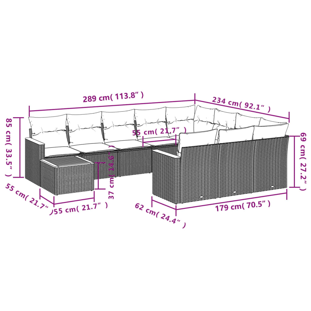 vidaXL 11-delige Tuinset met kussens poly rattan beige