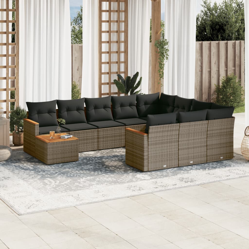 vidaXL 11-tlg. Garten-Sofagarnitur mit Kissen Grau Poly Rattan