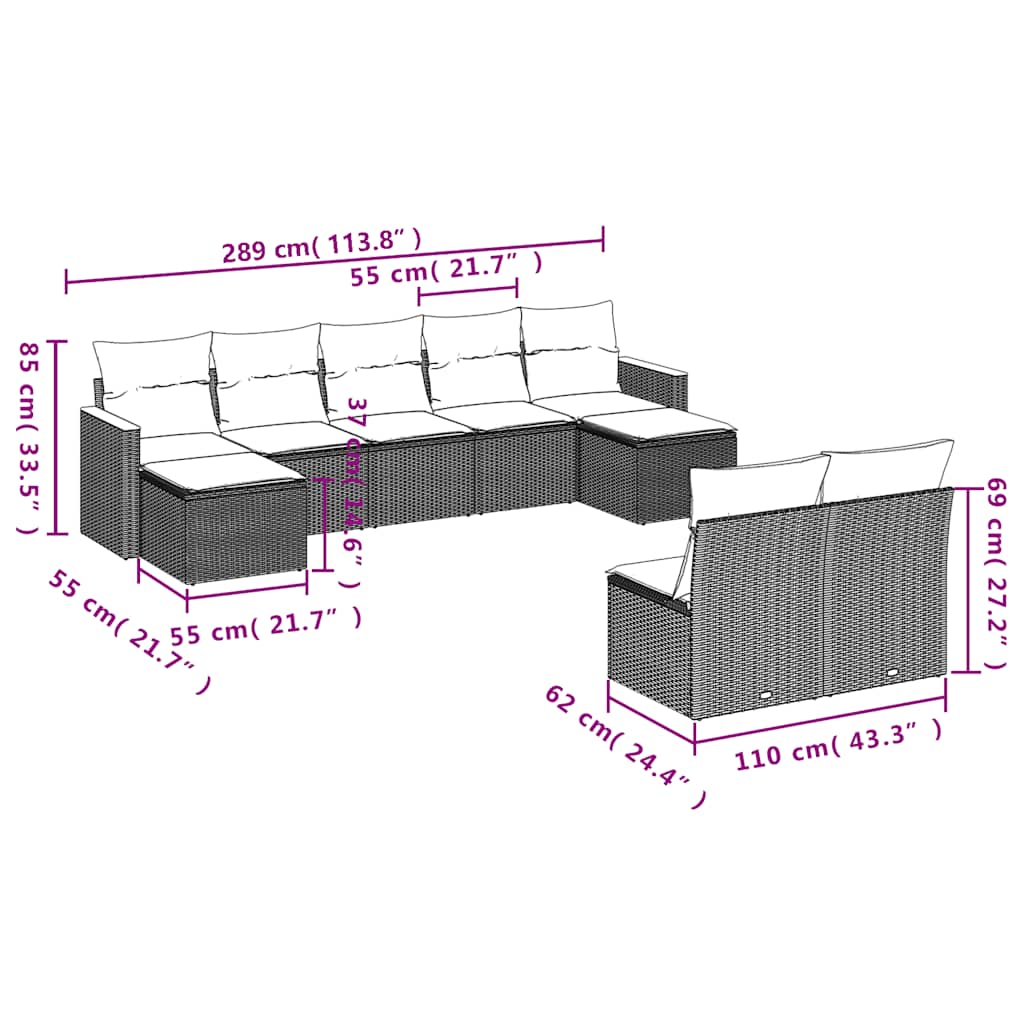 Set mobilier de grădină cu perne, 9 piese, negru, poliratan 3258772 - imagine 3