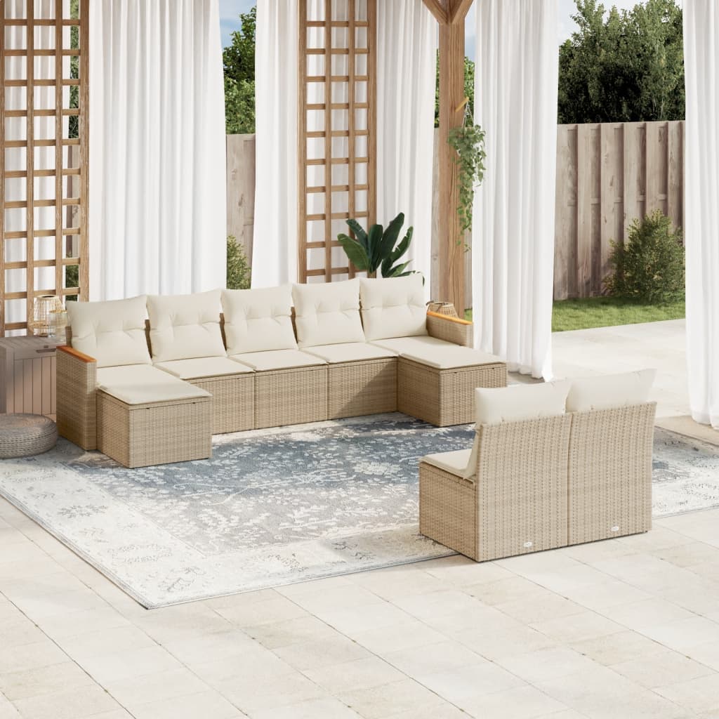 9-tlg. Garten-Sofagarnitur mit Kissen Beige Poly Rattan