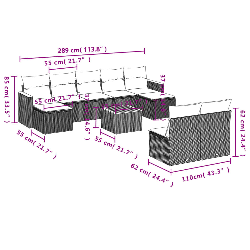vidaXL 10-delige Loungeset met kussens poly rattan zwart afbeelding
