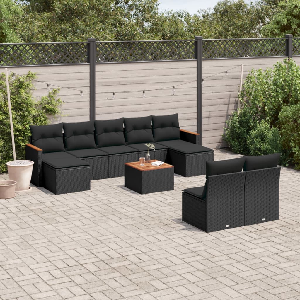 vidaXL 10-tlg. Garten-Sofagarnitur mit Kissen Schwarz Poly Rattan