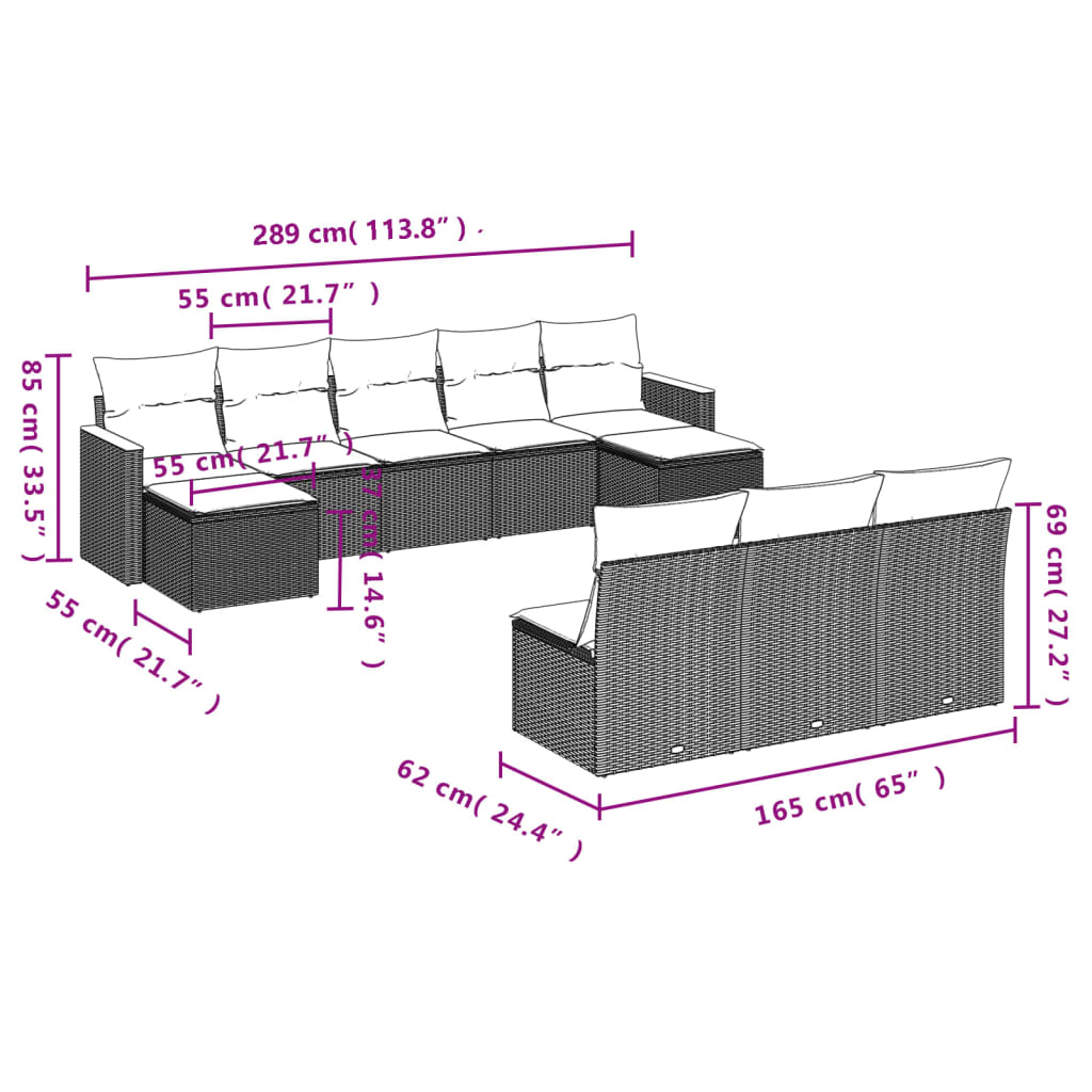 Set canapele de grădină cu perne, 10 piese, negru, poliratan 3258787 - imagine 3