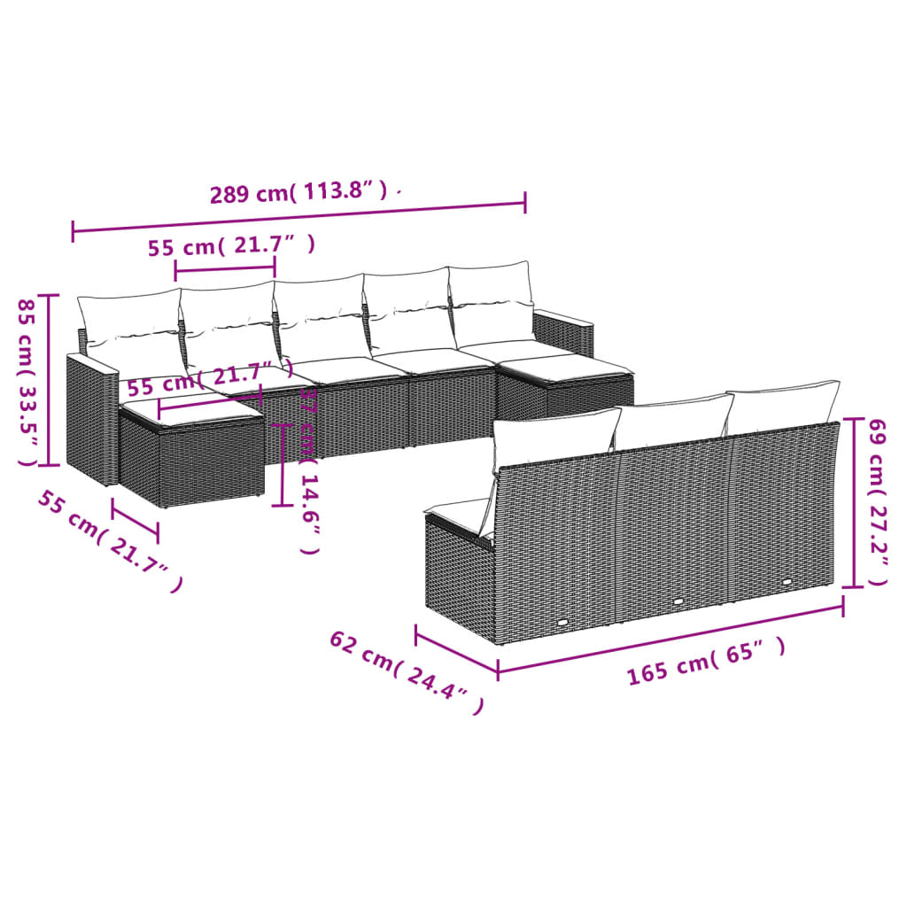 Set canapele de grădină cu perne, 10 piese, bej, poliratan 3258790 - imagine 3