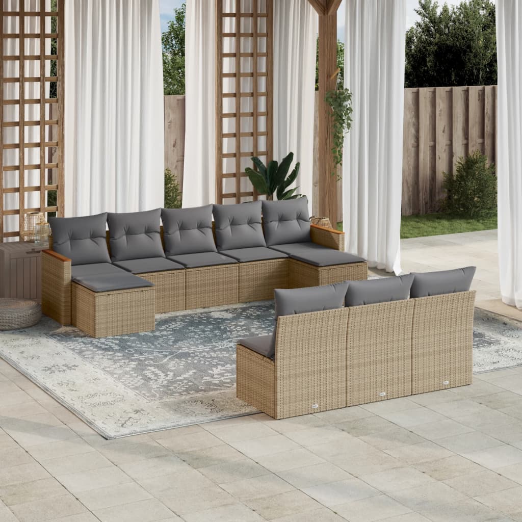 vidaXL 10-tlg. Garten-Sofagarnitur mit Kissen Beige Poly Rattan