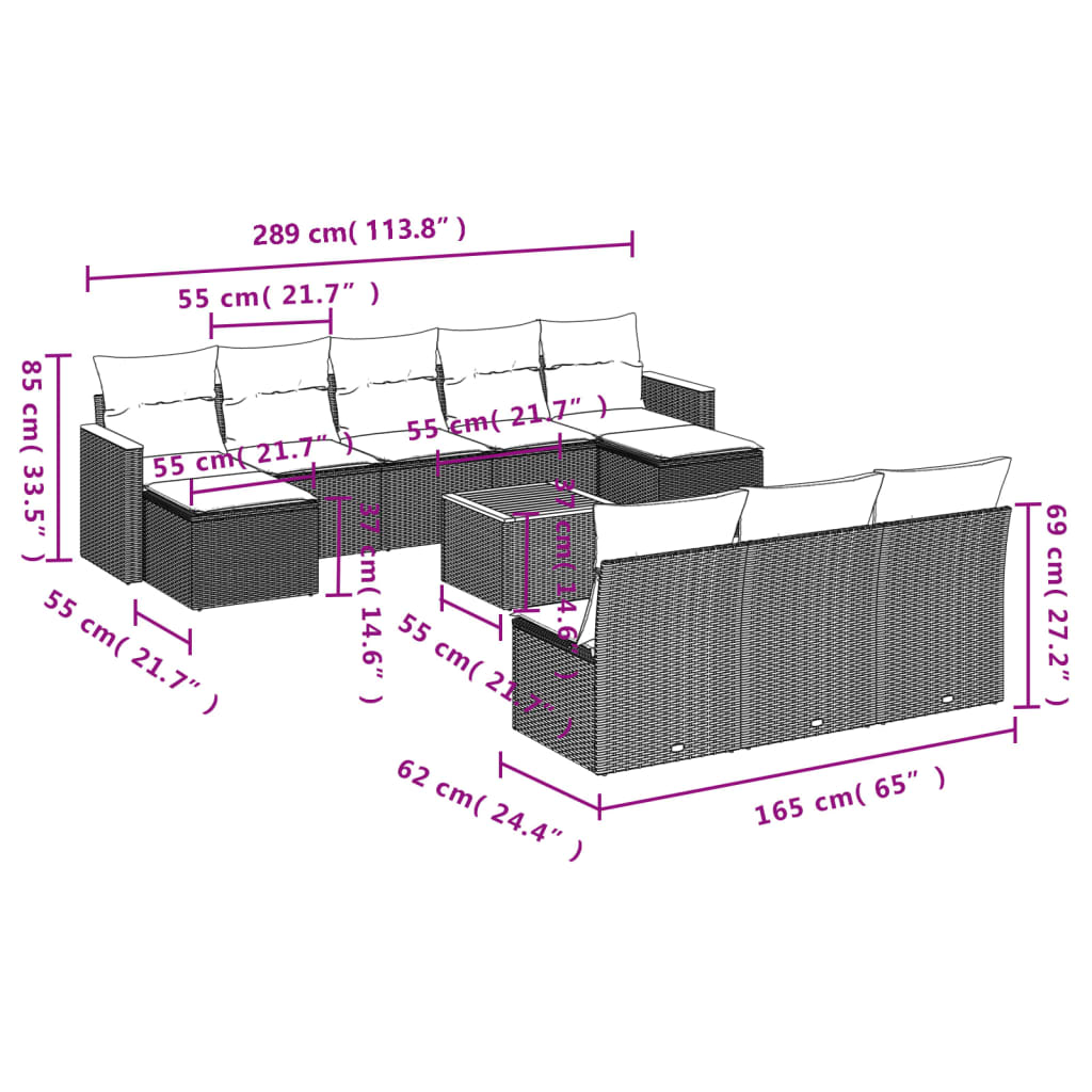 Set canapele de grădină cu perne, 11 piese, negru, poliratan 3258793 - imagine 3