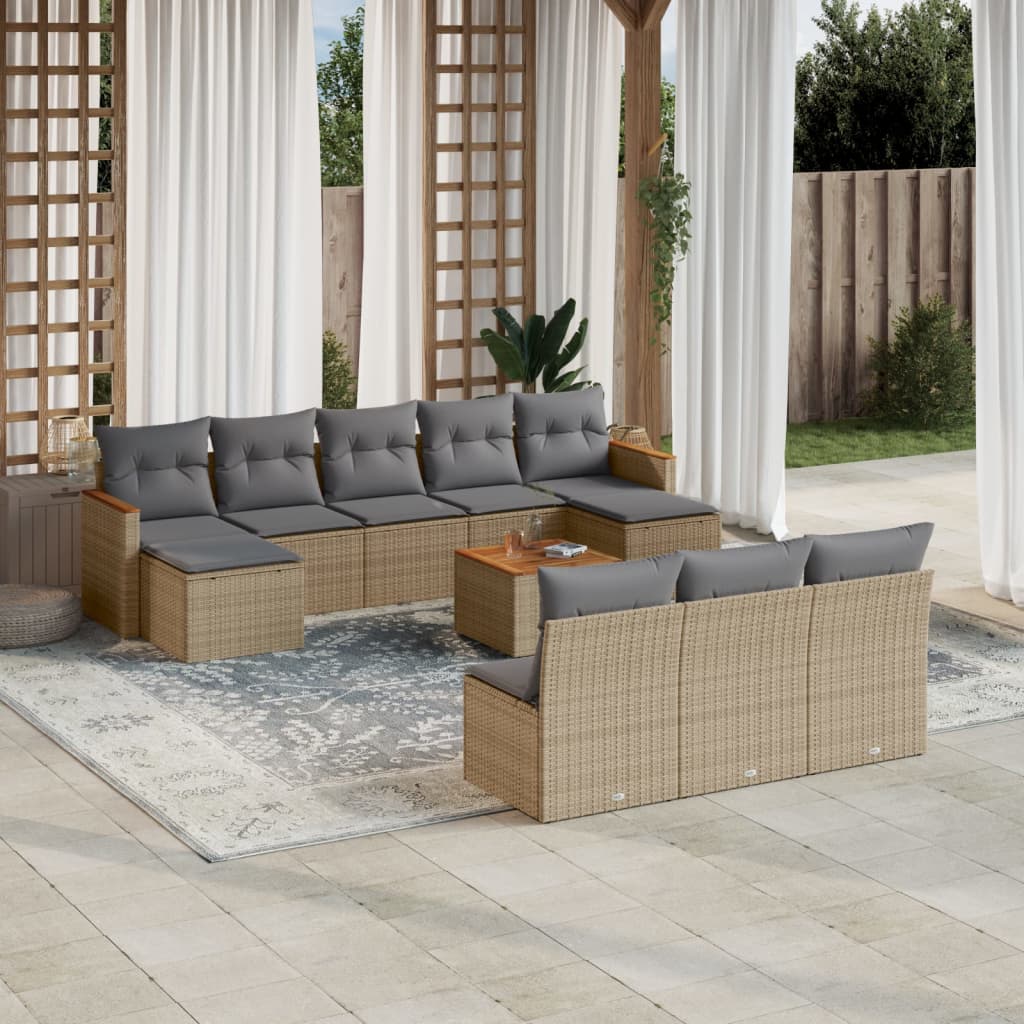 vidaXL 11-tlg. Garten-Sofagarnitur mit Kissen Beige Poly Rattan