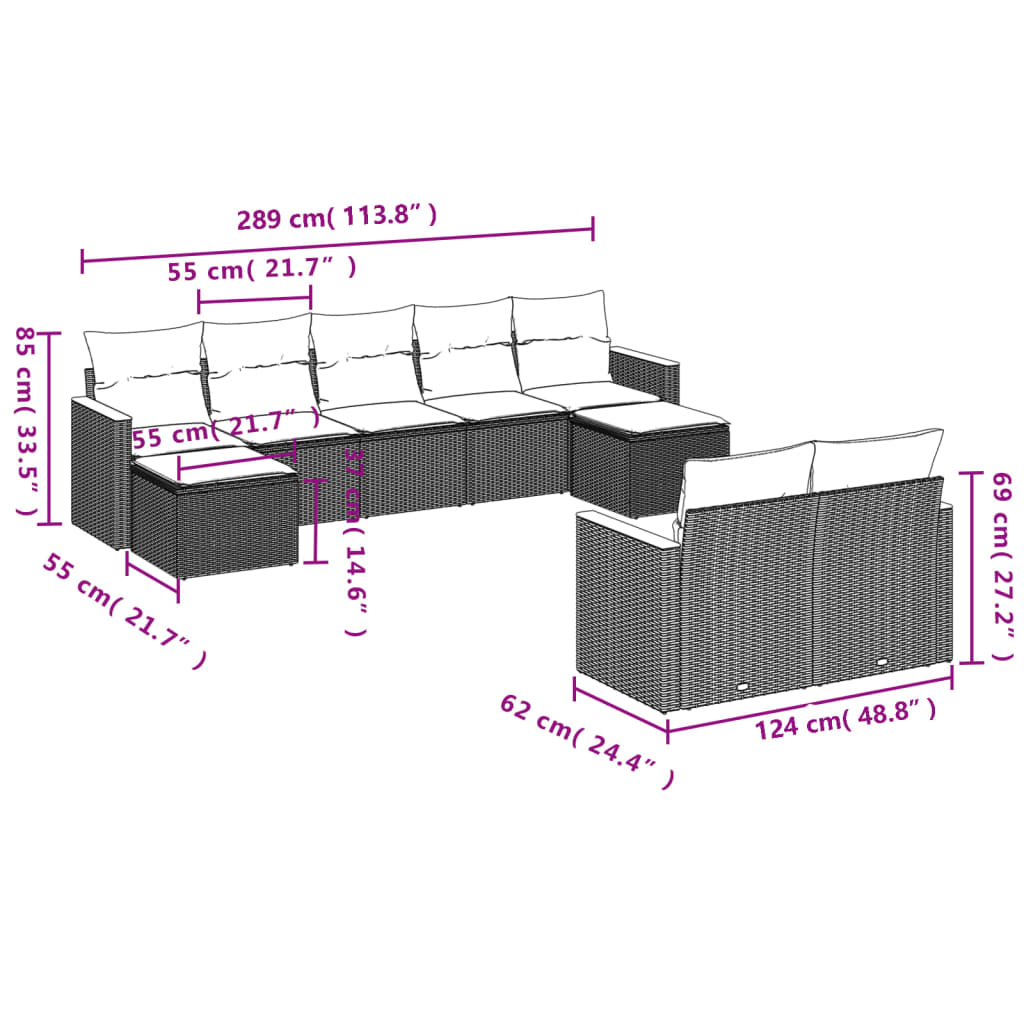 Set mobilier de grădină cu perne, 9 piese, negru, poliratan 3258801 - imagine 3