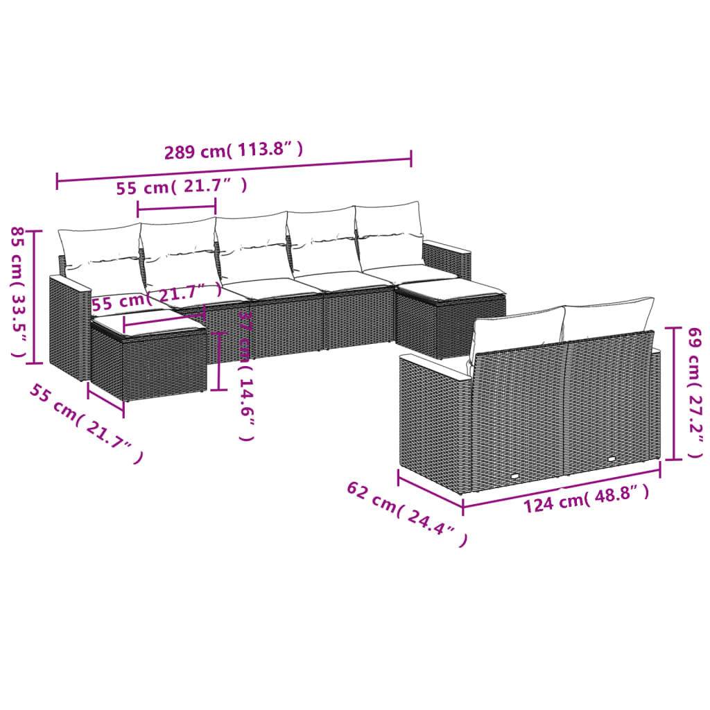 vidaXL 9-delige Loungeset met kussens poly rattan beige afbeelding