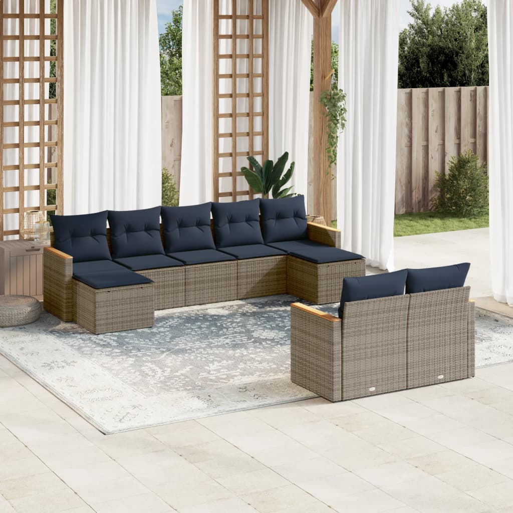 9 Piece Patio Sofa Set with Cushions Gray Poly Rattan