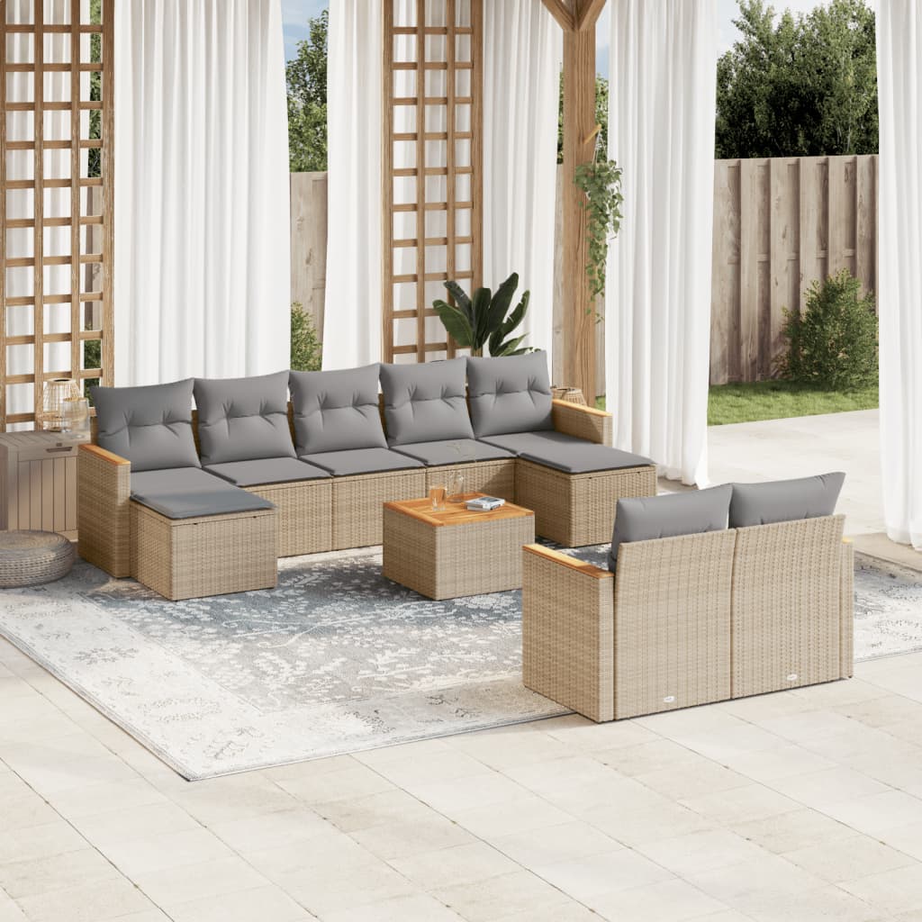 vidaXL 10-tlg. Garten-Sofagarnitur mit Kissen Beige Poly Rattan