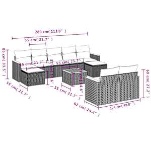 Vrtna sedežna garnitura 10-delna z blazinami siv poli ratan - slika 3