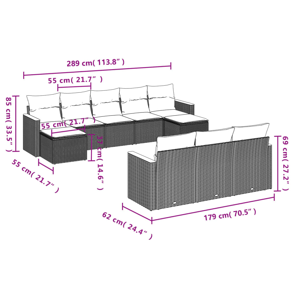 vidaXL 10-delige Loungeset met kussens poly rattan zwart afbeelding