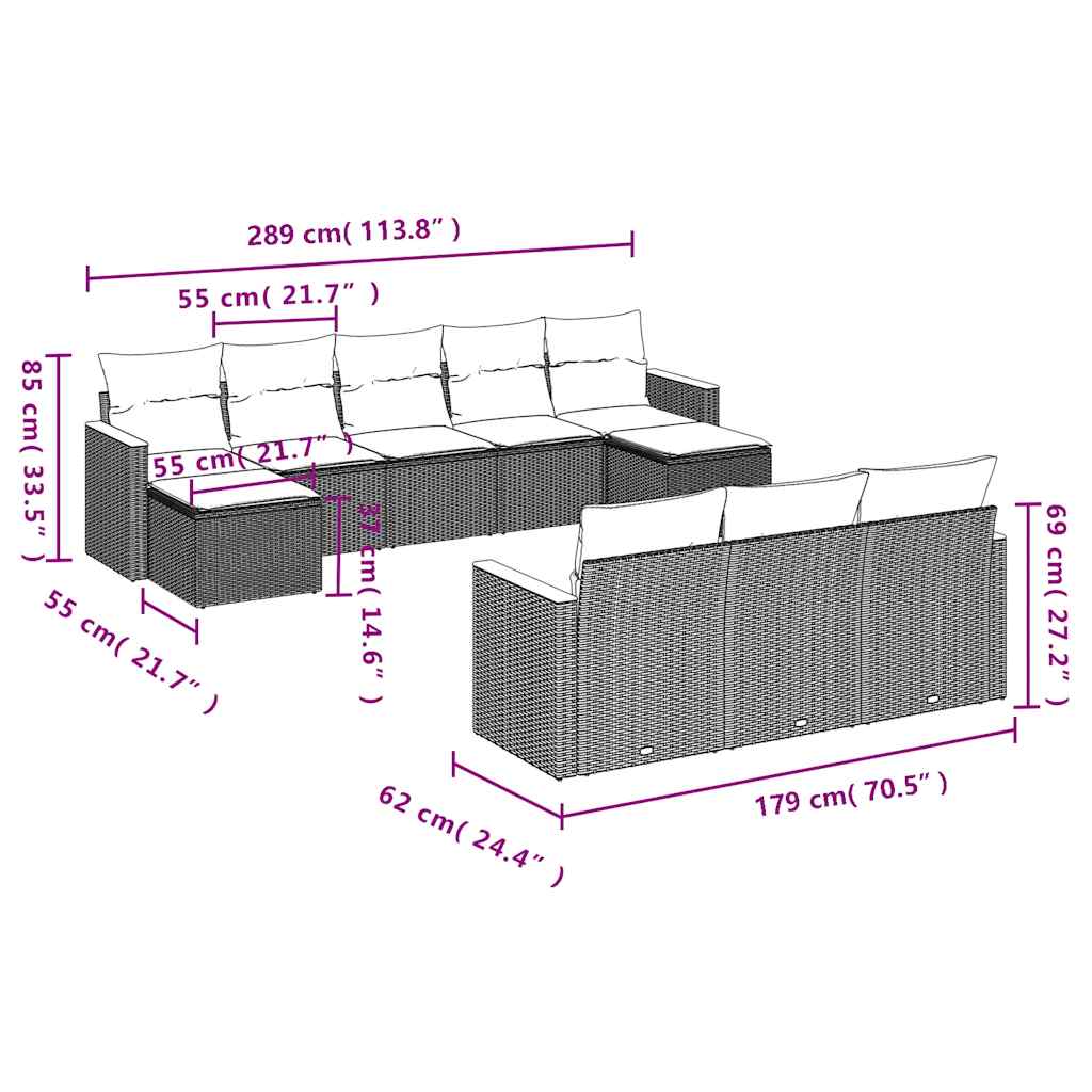 Set canapele de grădină cu perne, 10 piese, negru, poliratan 3258815 - imagine 3
