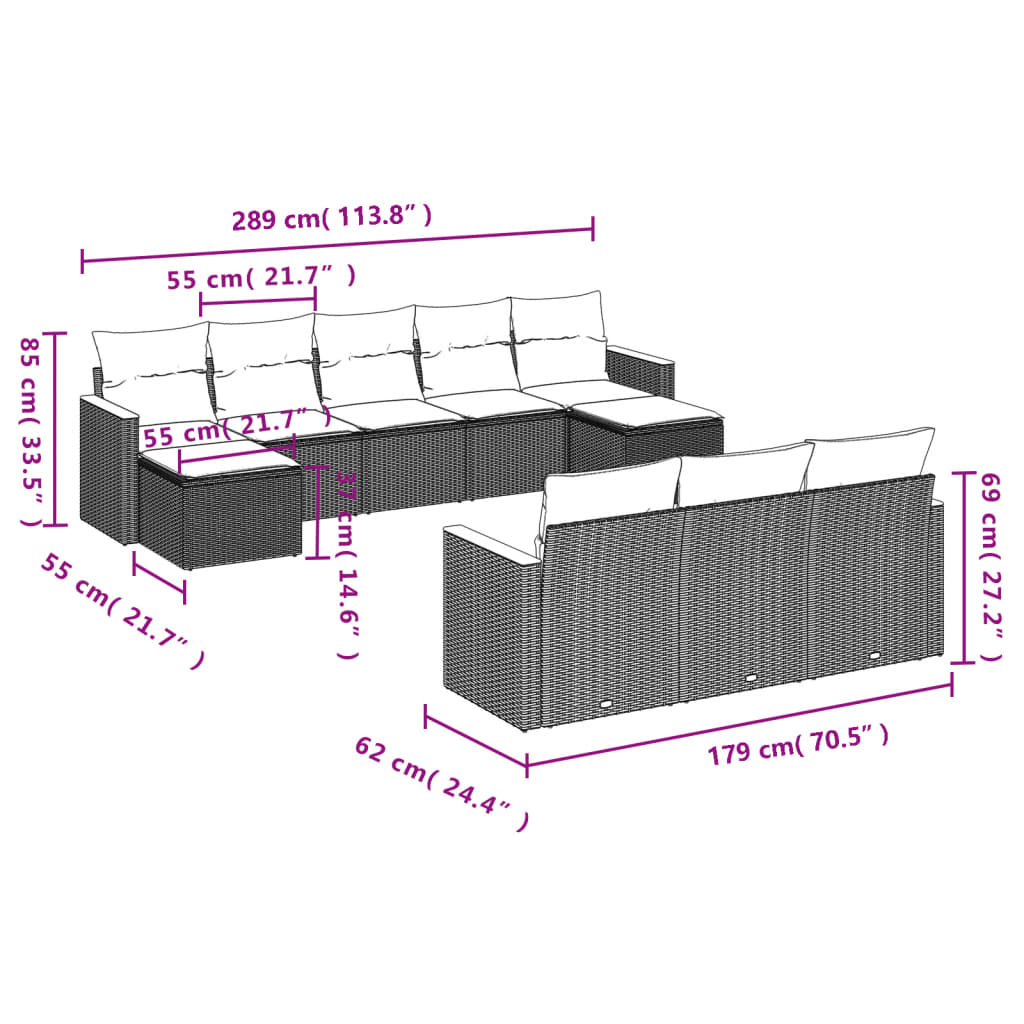 Set mobilier de grădină cu perne, 10 piese, gri, poliratan 3258819 - imagine 3