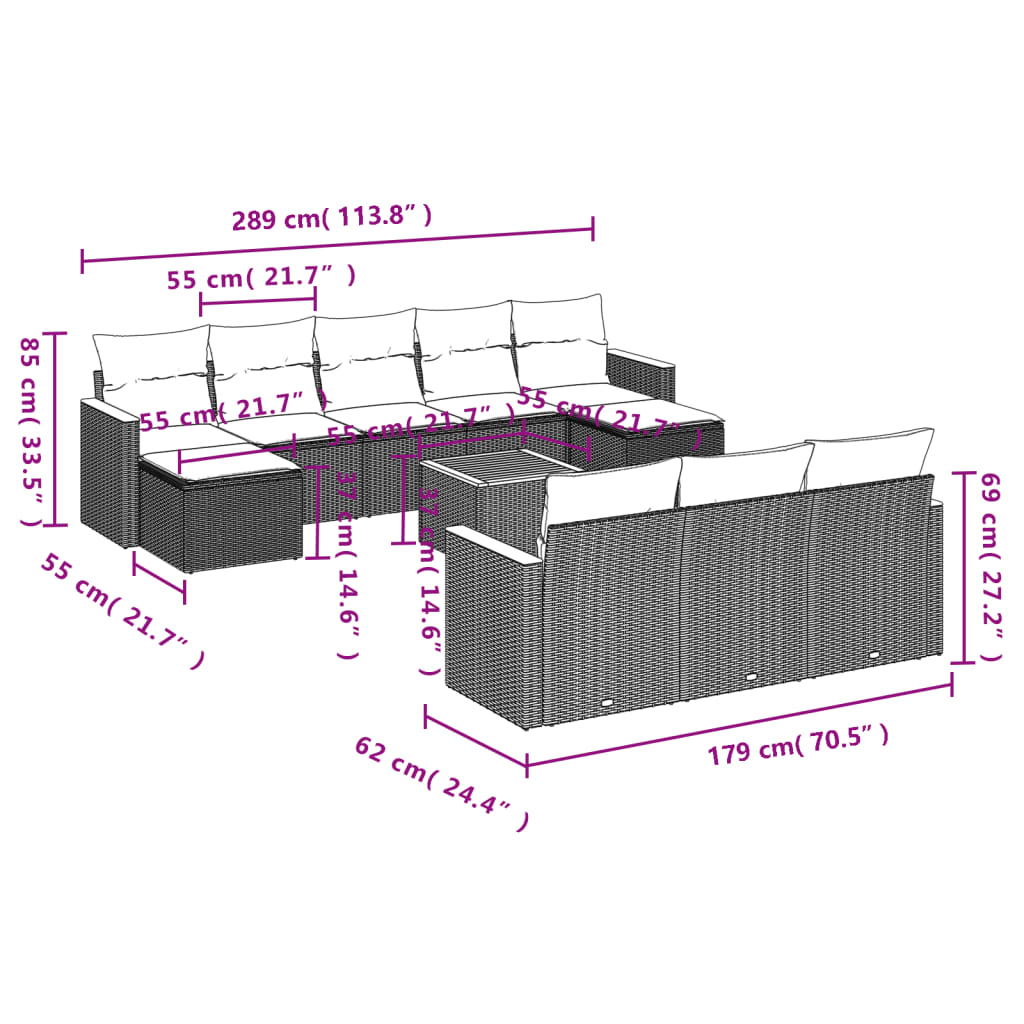 Set canapele de grădină cu perne, 11 piese, bej, poliratan 3258825 - imagine 3
