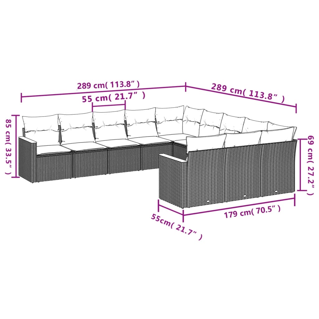 Set canapele de grădină cu perne, 11 piese, negru, poliratan 3258829 - imagine 3