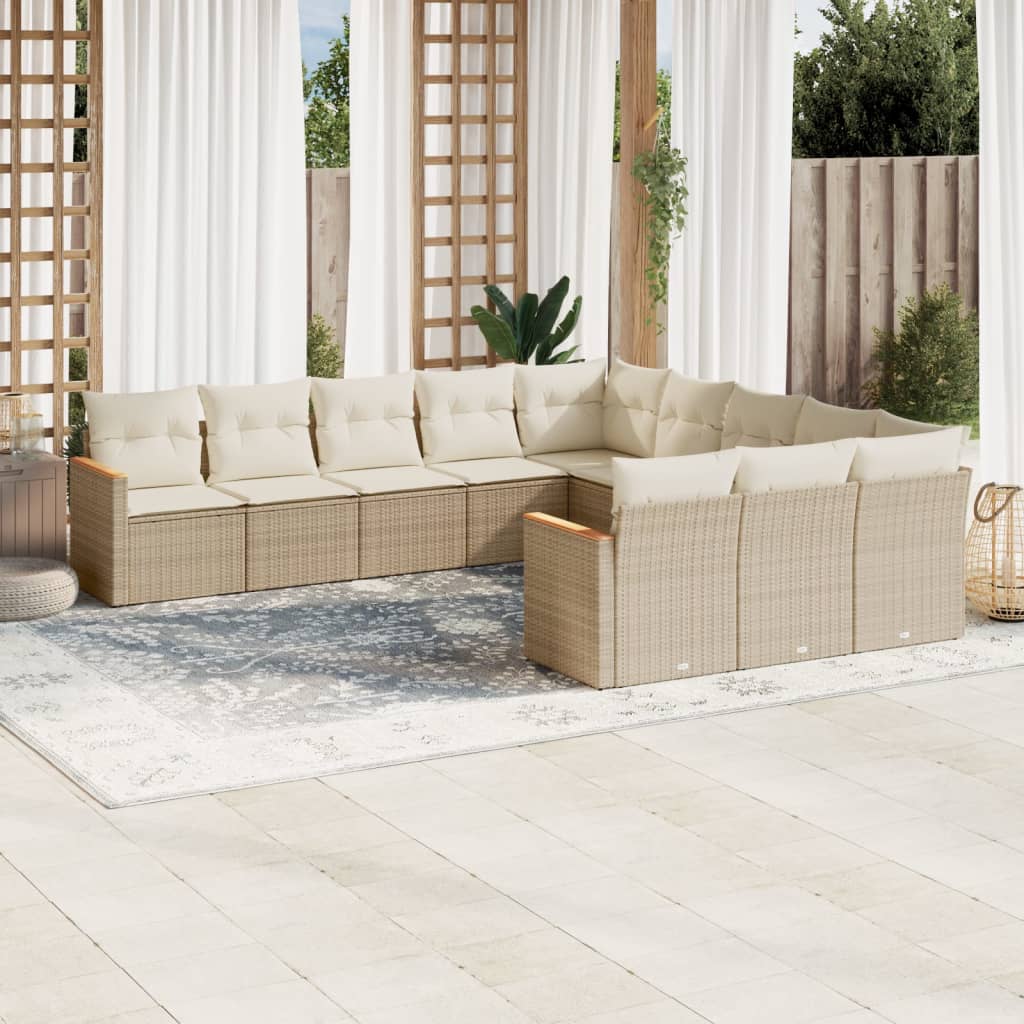 vidaXL 11-tlg. Garten-Sofagarnitur mit Kissen Beige Poly Rattan