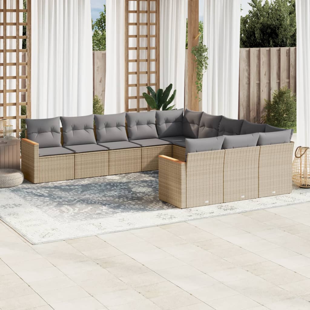 vidaXL 11-tlg. Garten-Sofagarnitur mit Kissen Beige Poly Rattan