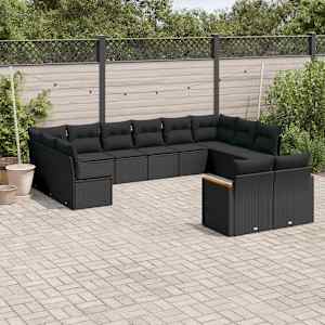 Vrtna sedežna garnitura 12-delna z blazinami črn poli ratan