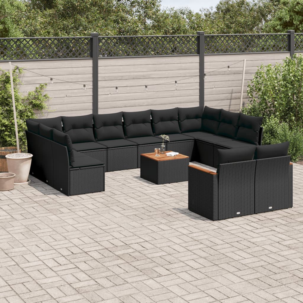 13-tlg. Garten-Sofagarnitur mit Kissen Schwarz Poly Rattan