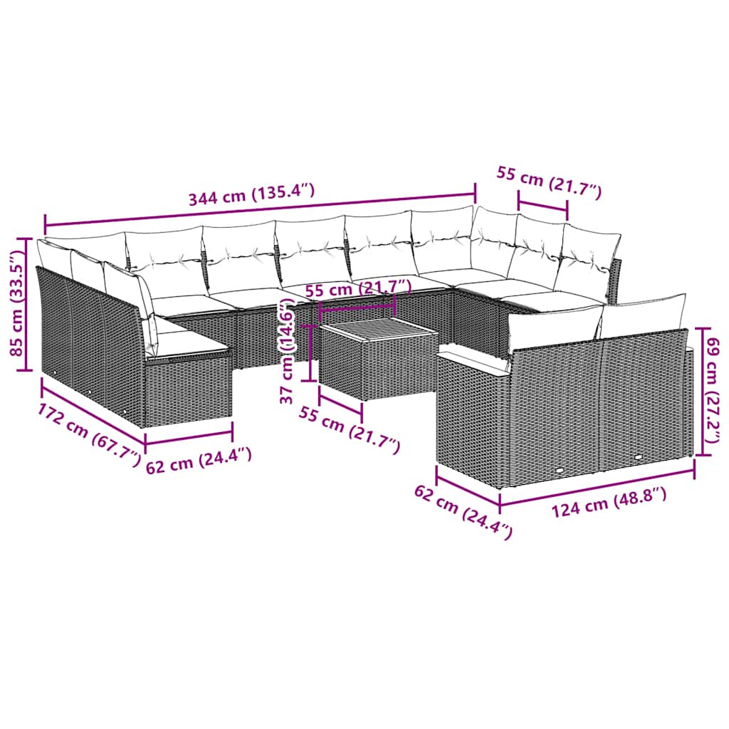 vidaXL 13-delige Loungeset met kussens poly rattan zwart afbeelding