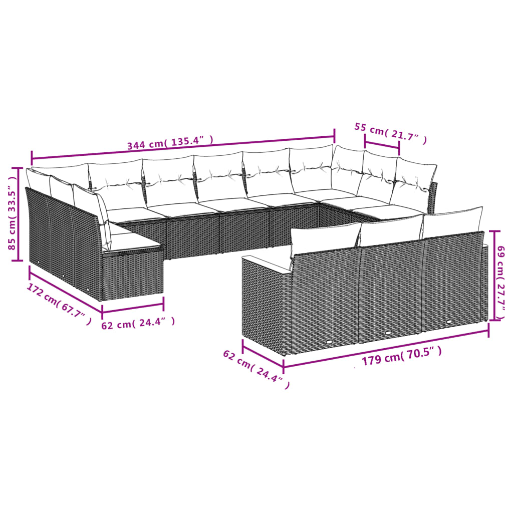 Set mobilier de grădină cu perne, 13 piese, negru, poliratan 3258857 - imagine 3