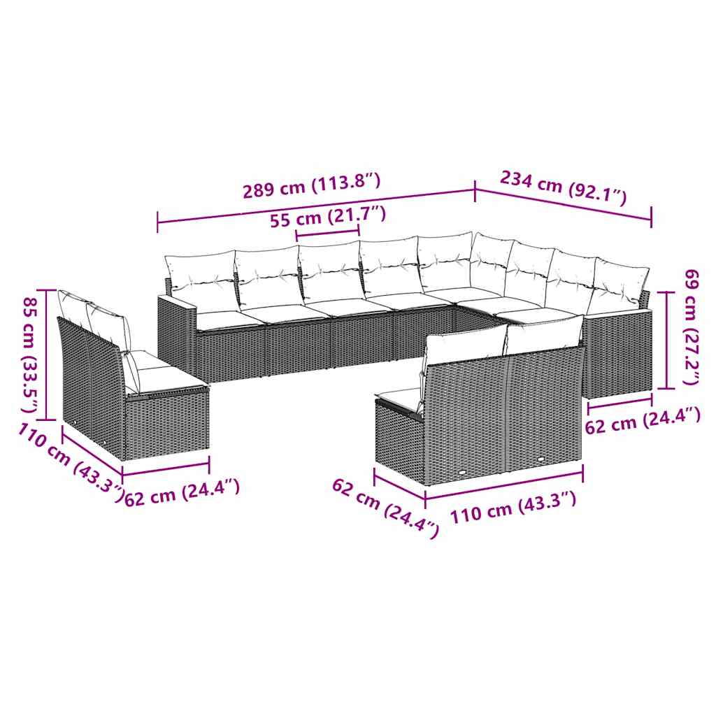 Set canapele de grădină, 12 piese, cu perne, negru, poliratan 3258871 - imagine 3