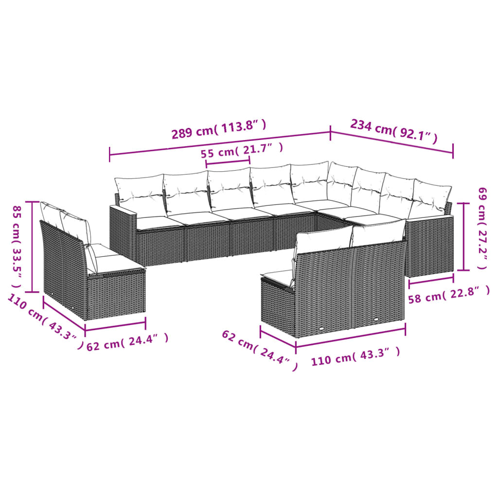 Set canapea de grădină cu perne, 12 piese, gri, poliratan 3258875 - imagine 3