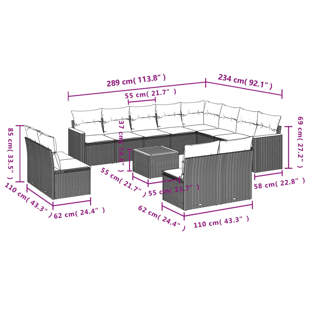 Set mobilier de grădină cu perne, 13 piese, negru, poliratan 3258878 - imagine 3