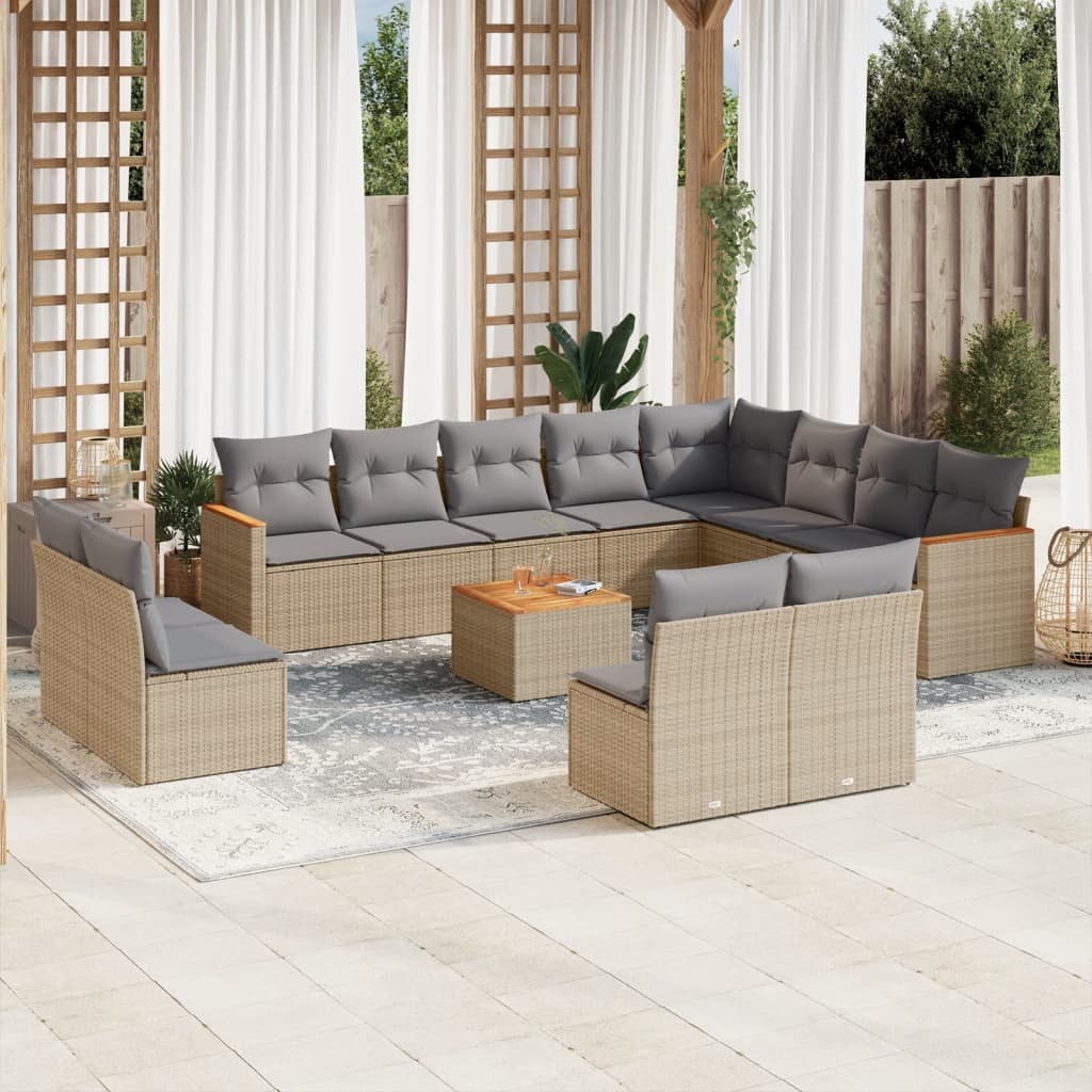 vidaXL 13-tlg. Garten-Sofagarnitur mit Kissen Beige Poly Rattan