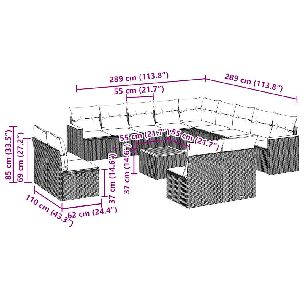 Set mobilier de grădină cu perne, 14 piese, negru, poliratan 3258892 - imagine 3