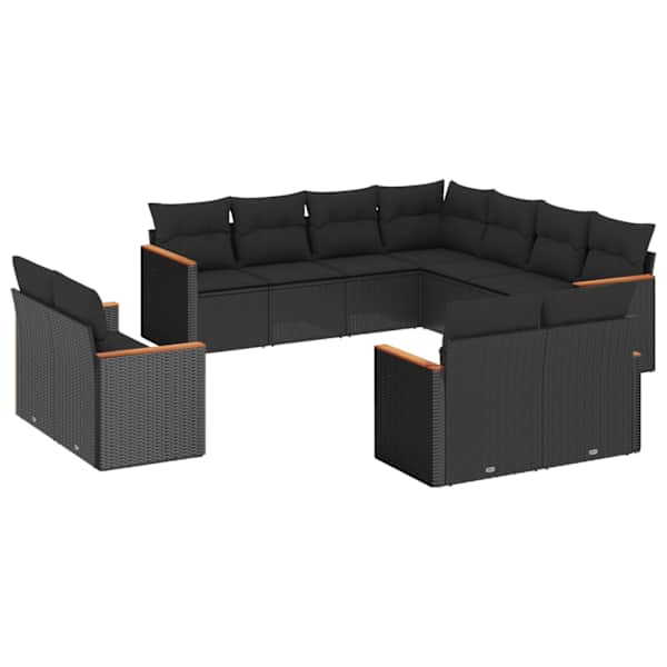 vidaXL 11-osaline aiadiivani komplekt patjadega, must, pol&uuml;rotang
