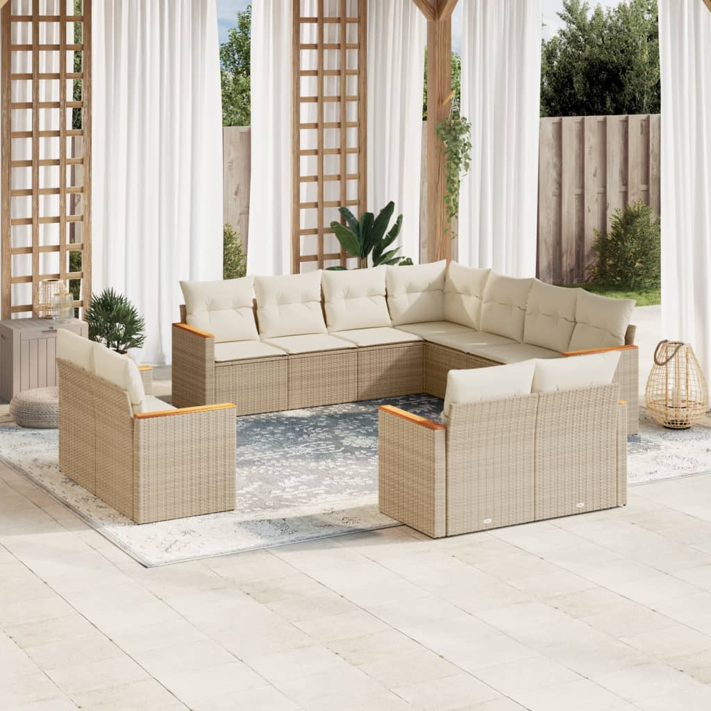 vidaXL 11-tlg. Garten-Sofagarnitur mit Kissen Beige Poly Rattan