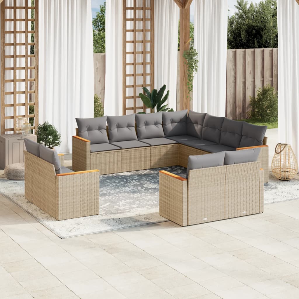 vidaXL 11-tlg. Garten-Sofagarnitur mit Kissen Beige Poly Rattan