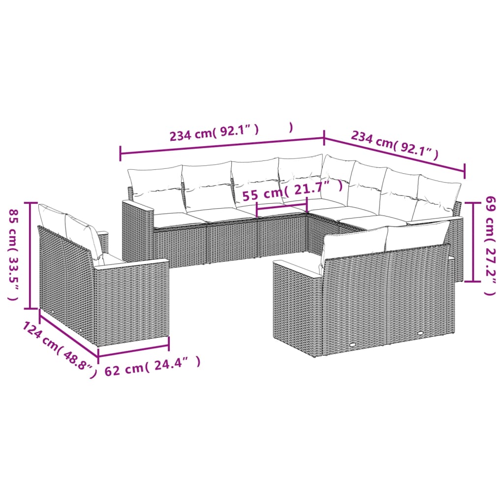 Set canapele de grădină cu perne, 11 piese, gri, poliratan 3258903 - imagine 3