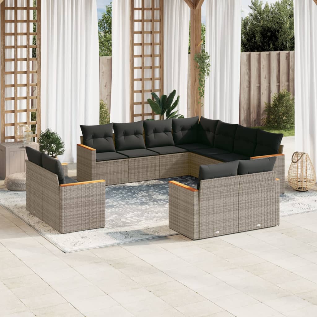 vidaXL 11-tlg. Garten-Sofagarnitur mit Kissen Grau Poly Rattan