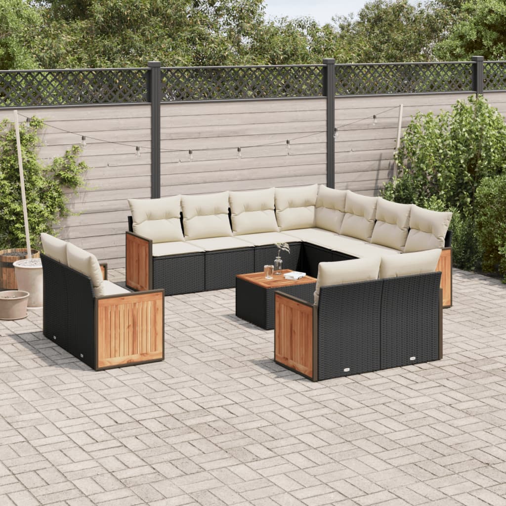 vidaXL 12-tlg. Garten-Sofagarnitur mit Kissen Schwarz Poly Rattan