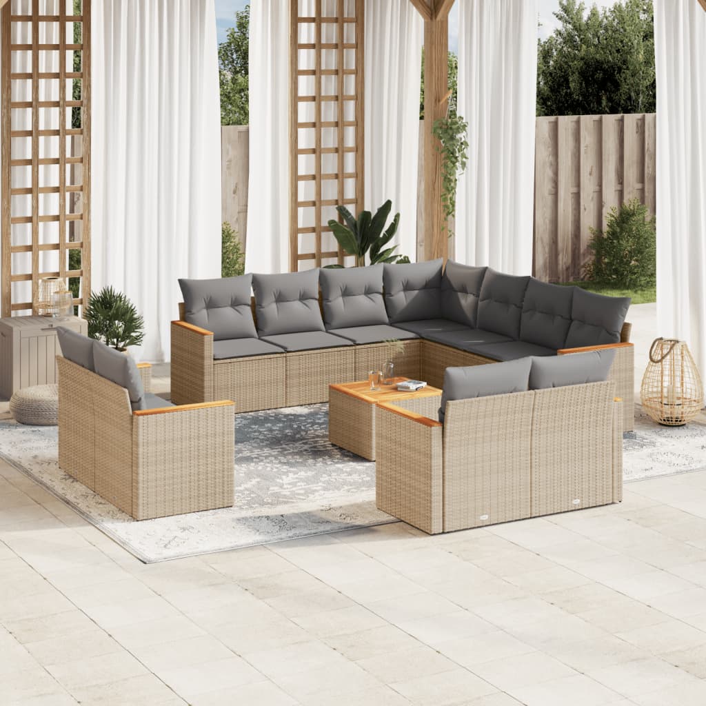 12-tlg. Garten-Sofagarnitur mit Kissen Beige Poly Rattan