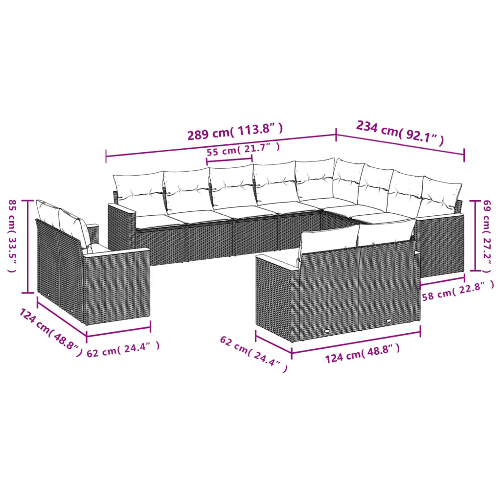 Set canapea de grădină cu perne, 12 piese, gri, poliratan 3258917 - imagine 3