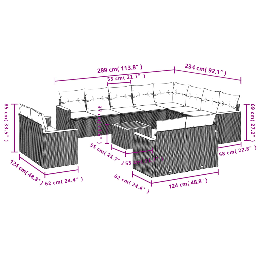 Set mobilier de grădină cu perne, 13 piese, gri, poliratan 3258924 - imagine 3