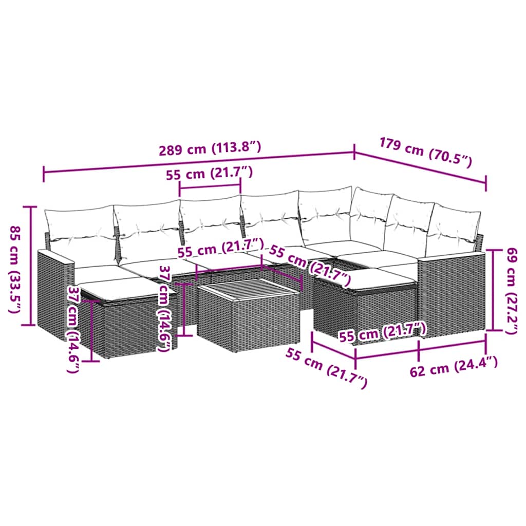Set canapele de grădină cu perne, 10 piese, negru, poliratan 3258947 - imagine 3