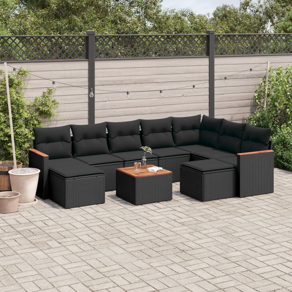 vidaXL 10-tlg. Garten-Sofagarnitur mit Kissen Schwarz Poly Rattan