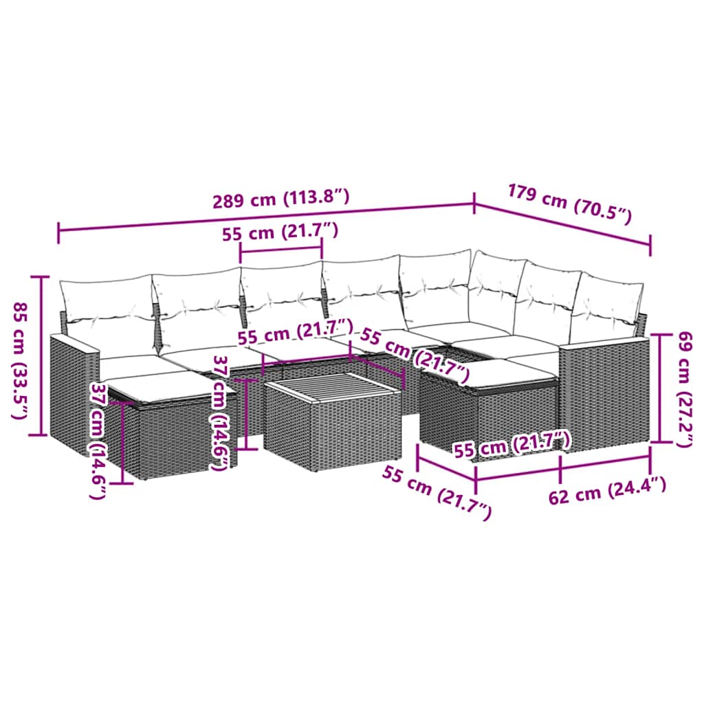 Set canapele de grădină cu perne, 10 piese, negru, poliratan 3258948 - imagine 3