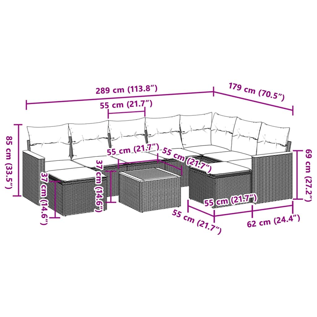 Set mobilier de grădină cu perne, 10 piese, gri, poliratan 3258952 - imagine 3