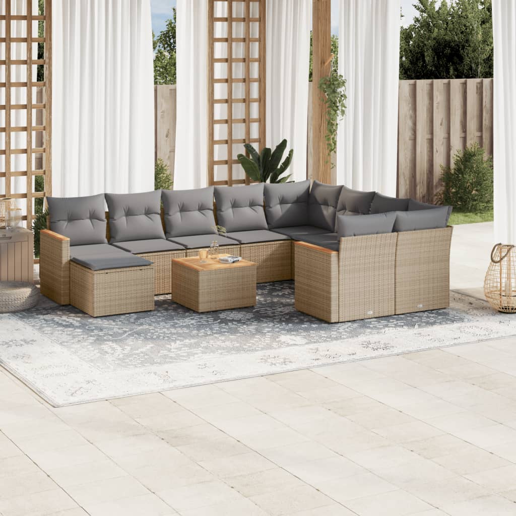 vidaXL 11-tlg. Garten-Sofagarnitur mit Kissen Beige Poly Rattan