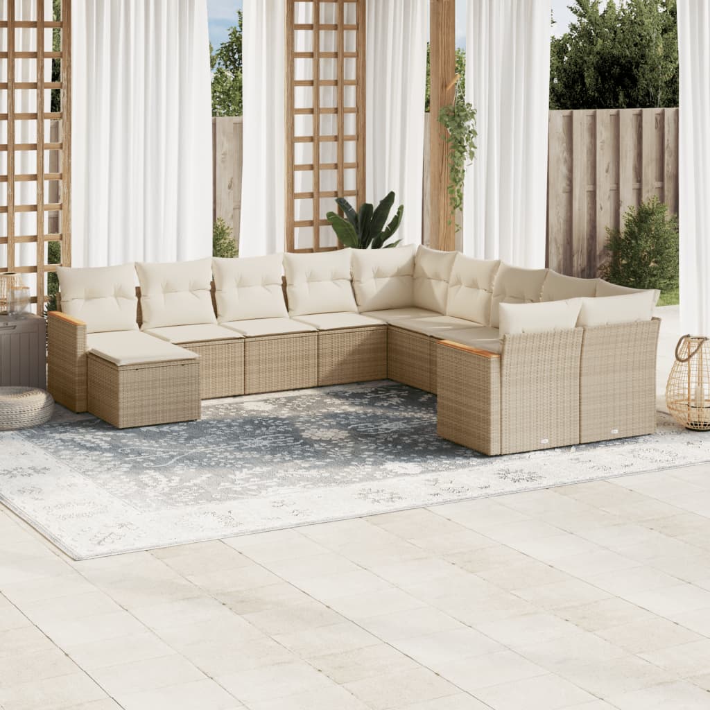 vidaXL 11-tlg. Garten-Sofagarnitur mit Kissen Beige Poly Rattan