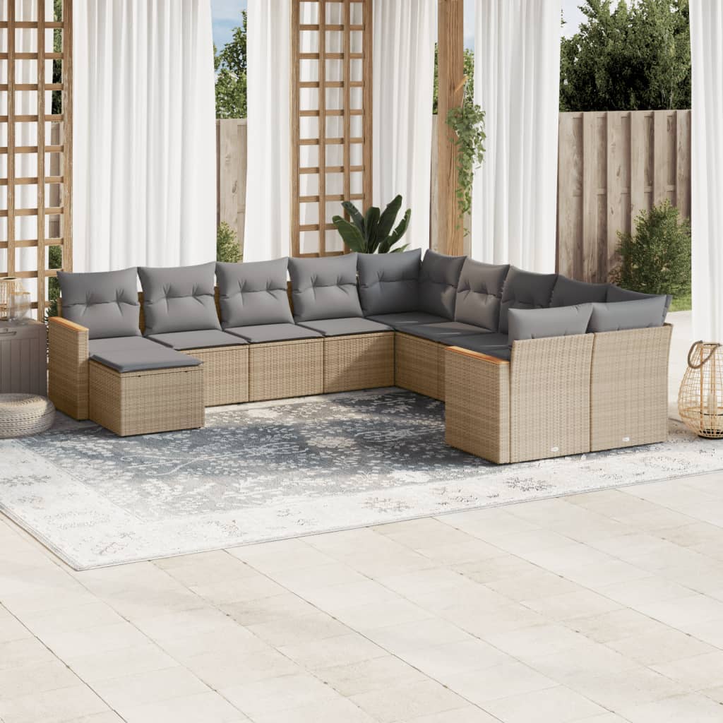 vidaXL 11-tlg. Garten-Sofagarnitur mit Kissen Beige Poly Rattan