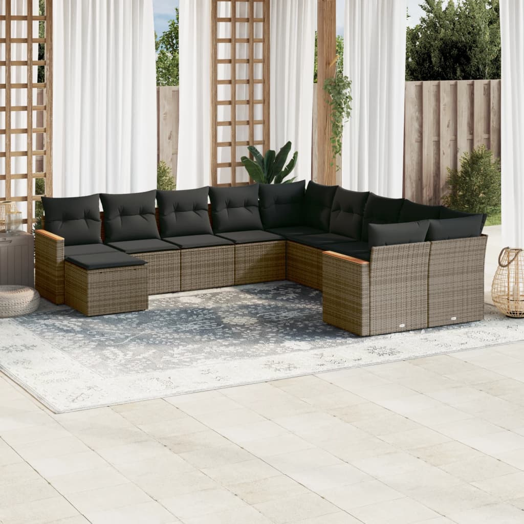 vidaXL 11-tlg. Garten-Sofagarnitur mit Kissen Grau Poly Rattan