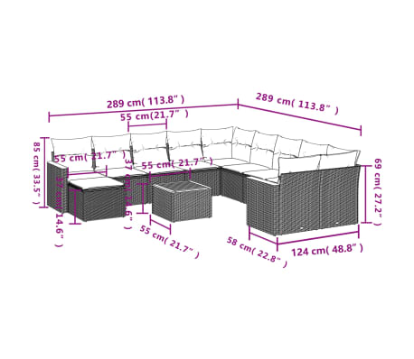 vidaXL 12 Hluta Gar&eth;s&oacute;fasett me&eth; Sessum Drapplita&eth; P&oacute;l&yacute;rattan